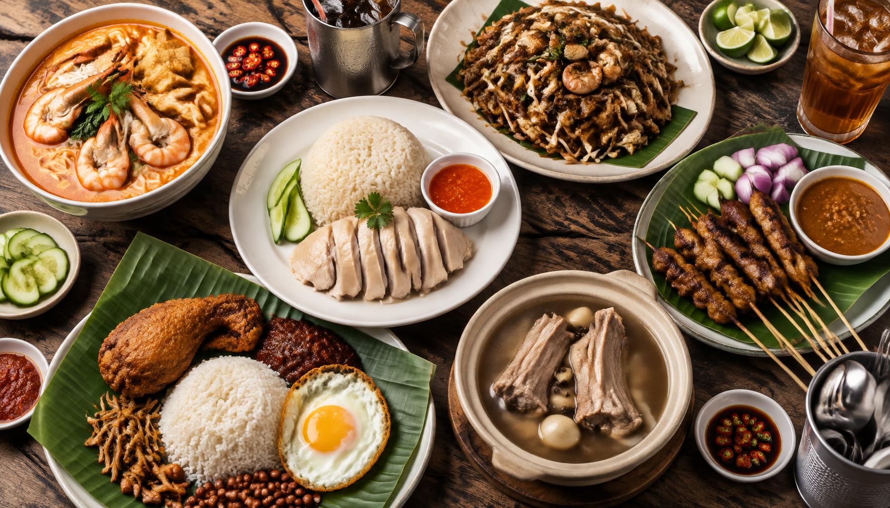 A hawker centre table spread seen from above: chicken rice, nasi lemak on a banana leaf, prawn laksa, char kway teow, satay with peanut sauce and bak kut teh, ready to share